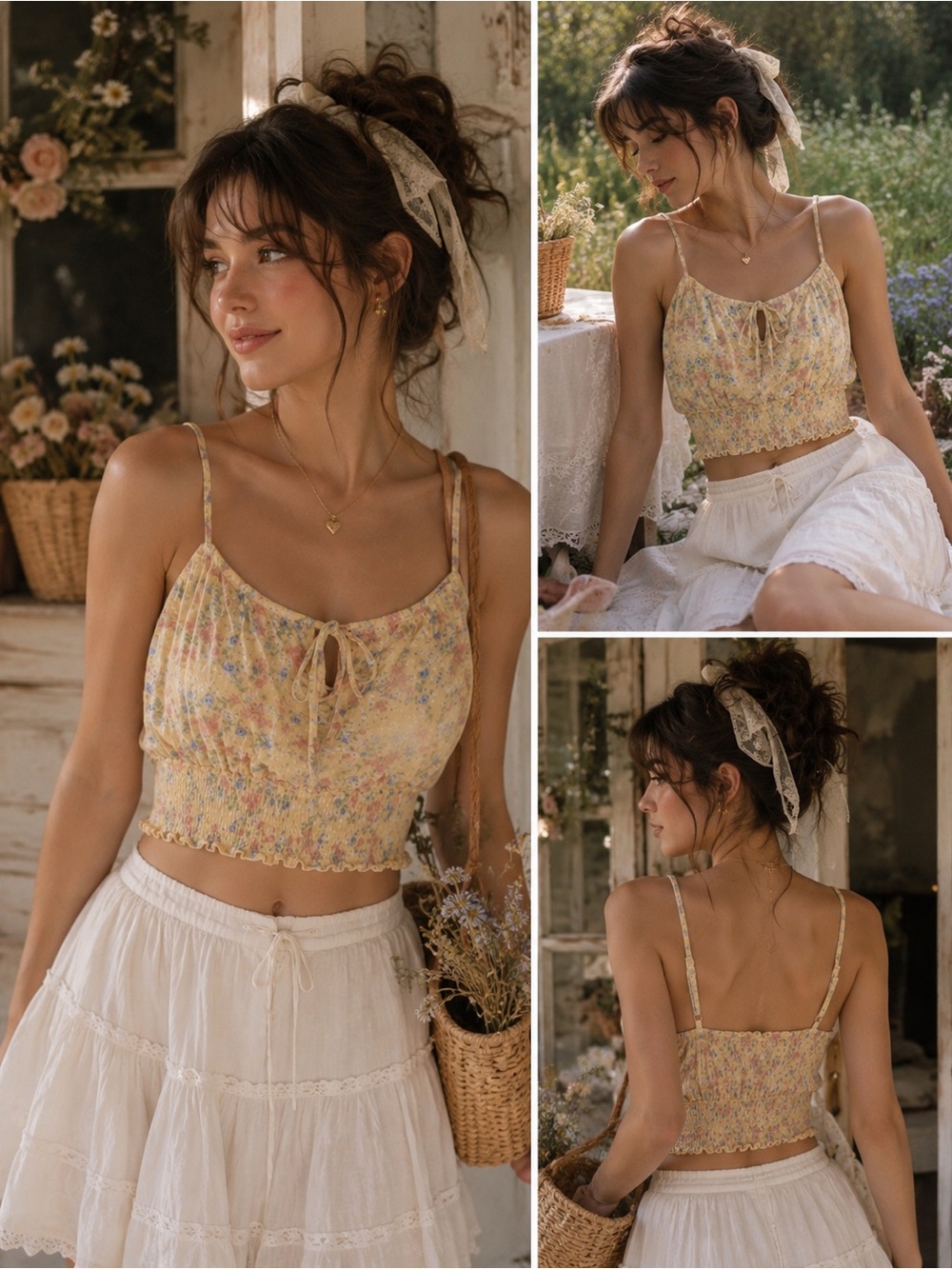 NWT Hippie Rose Yellow Floral Smocked Crop Cami Top Small Cottagecore Coquette